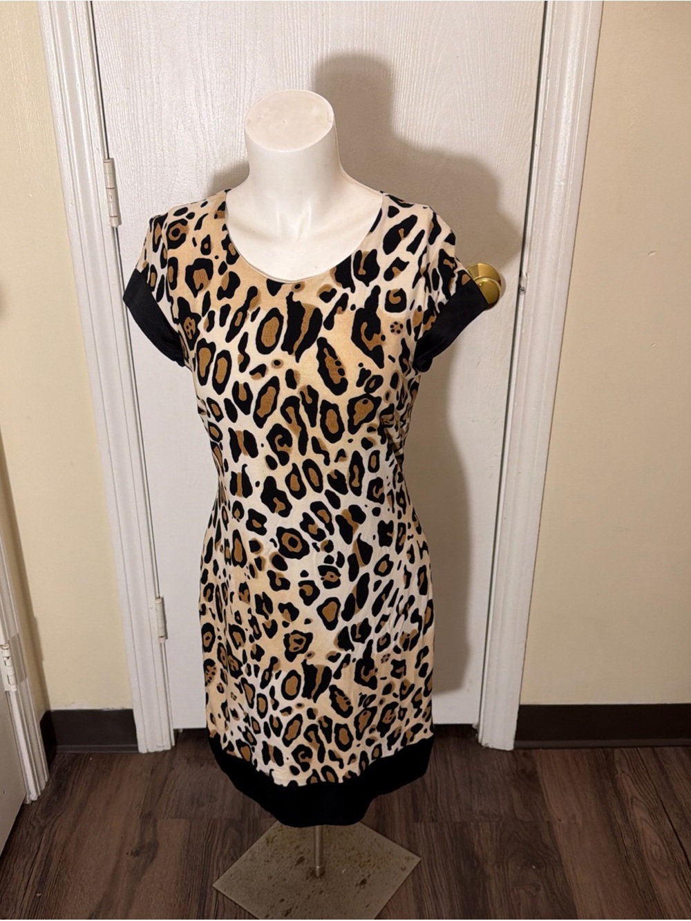 Cache Black Brown Leopard Print Silk Blend Short Sleeve Dress Sz 10 Stretchy